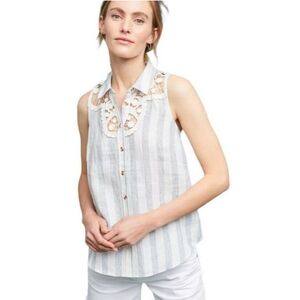 Anthropologie Maeve sleeveless 100% linen blue and white striped blouse XS